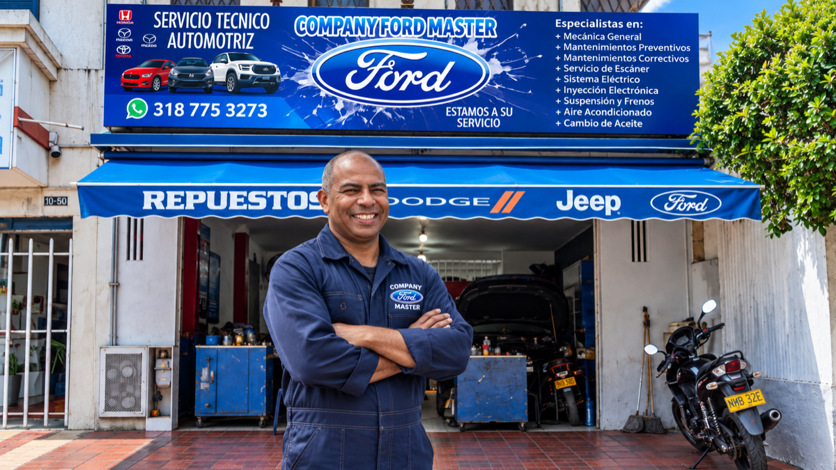 Propietario del taller frente a la fachada Company Ford Master