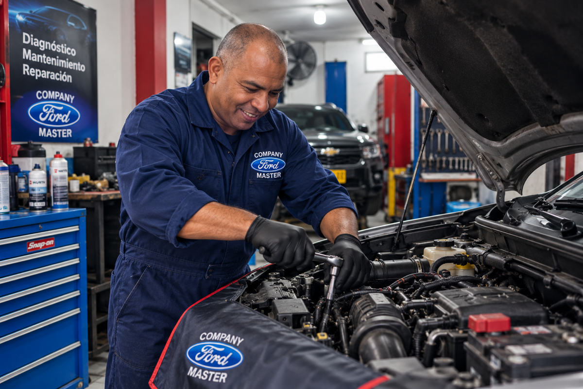 Mecánico de Company Ford Master reparando motor en taller